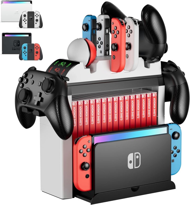 ZAONOOL Switch Organizer with Controller Charging Station, Charger Stand for Nintendo Switch/OLED Joycon and Pro Controller, Accessories Storage Tower for Console, Games and Dock - Image 1